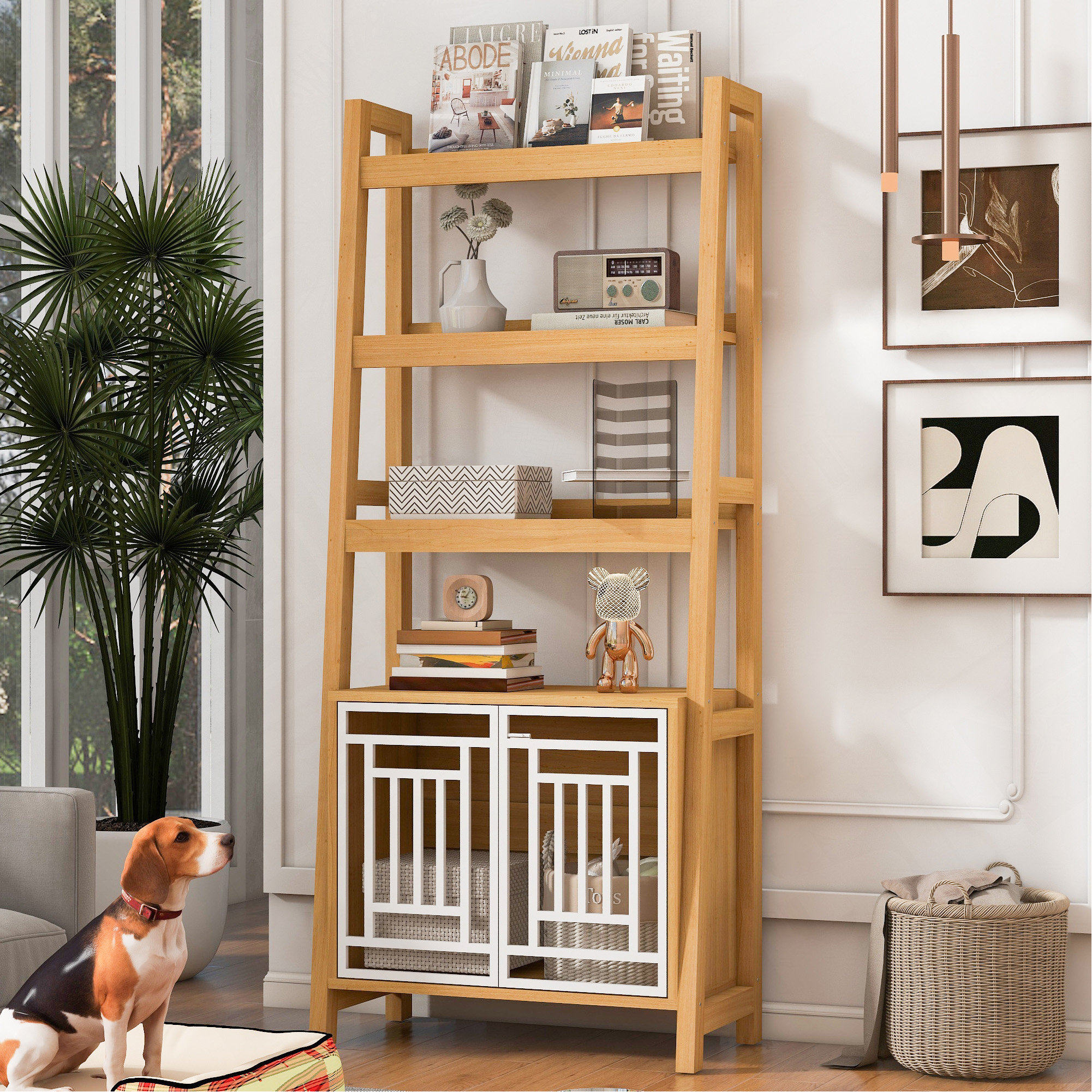 Latitude Run® Modern 2 In 1 Dog Furniture Dog Crate Ladder Bookshelf ...